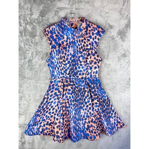 Cameo Blue Leopard Cheetah Print Dress Small Fit Flare Colorful Lined